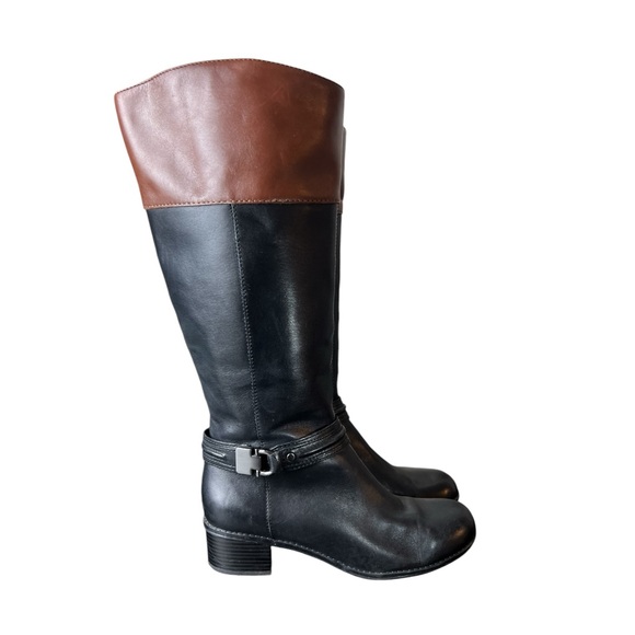 Bandolino Leather Riding Boots Classic Black & Brown Two-Tone Style - Picture 2 of 7